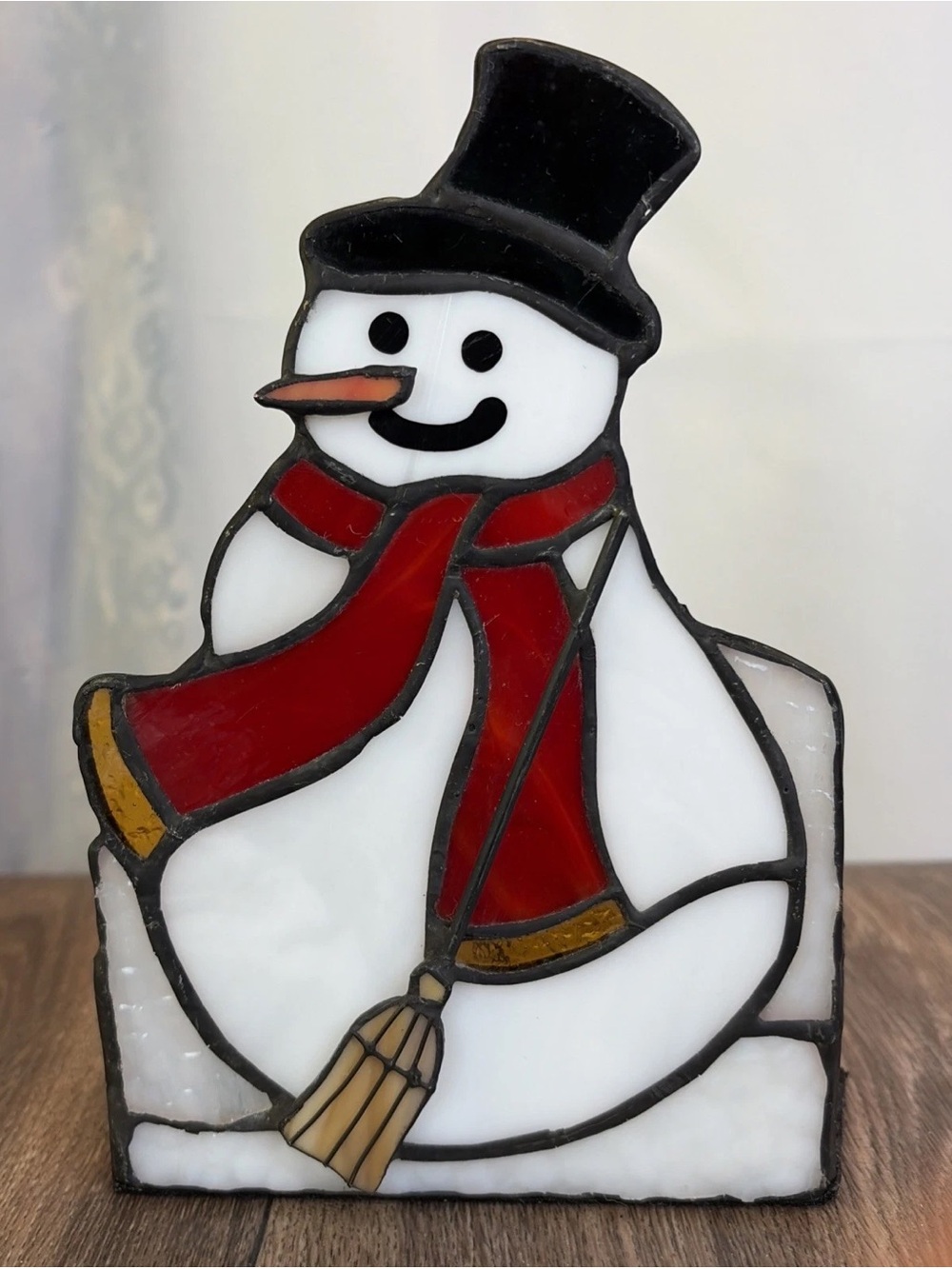 Vintage 7" Stained Glass Snowman Candle Holder Tea Light Votive Stand Winter